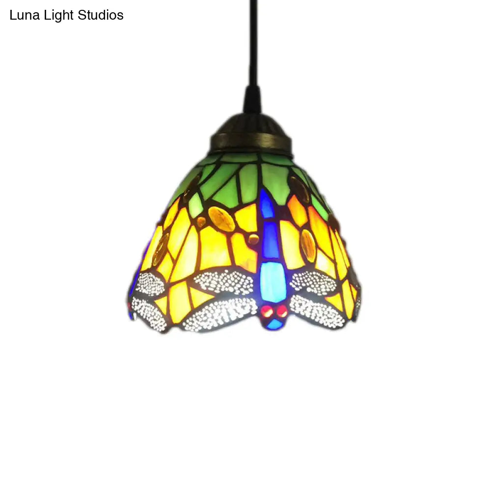 Baroque Bell Stained Glass Pendant Light: Dragonfly Pattern 1-Bulb Drop Lamp