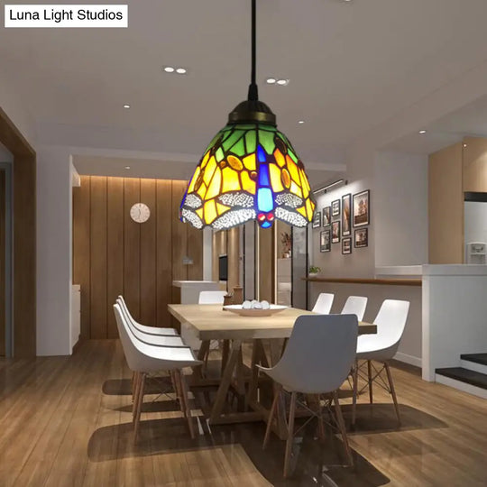 Baroque Bell Stained Glass Pendant Light: Dragonfly Pattern 1-Bulb Drop Lamp