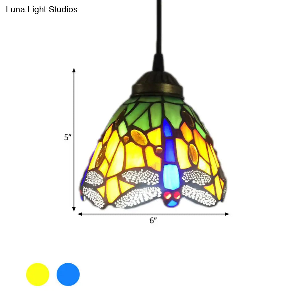 Baroque Bell Stained Glass Pendant Light: Dragonfly Pattern 1-Bulb Drop Lamp