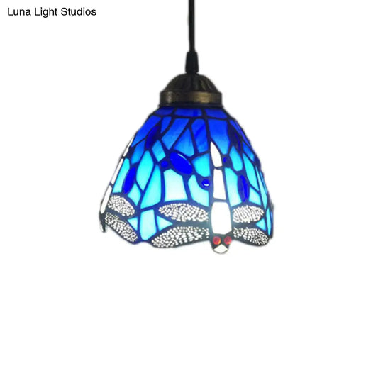 Baroque Bell Stained Glass Pendant Light: Dragonfly Pattern 1-Bulb Drop Lamp