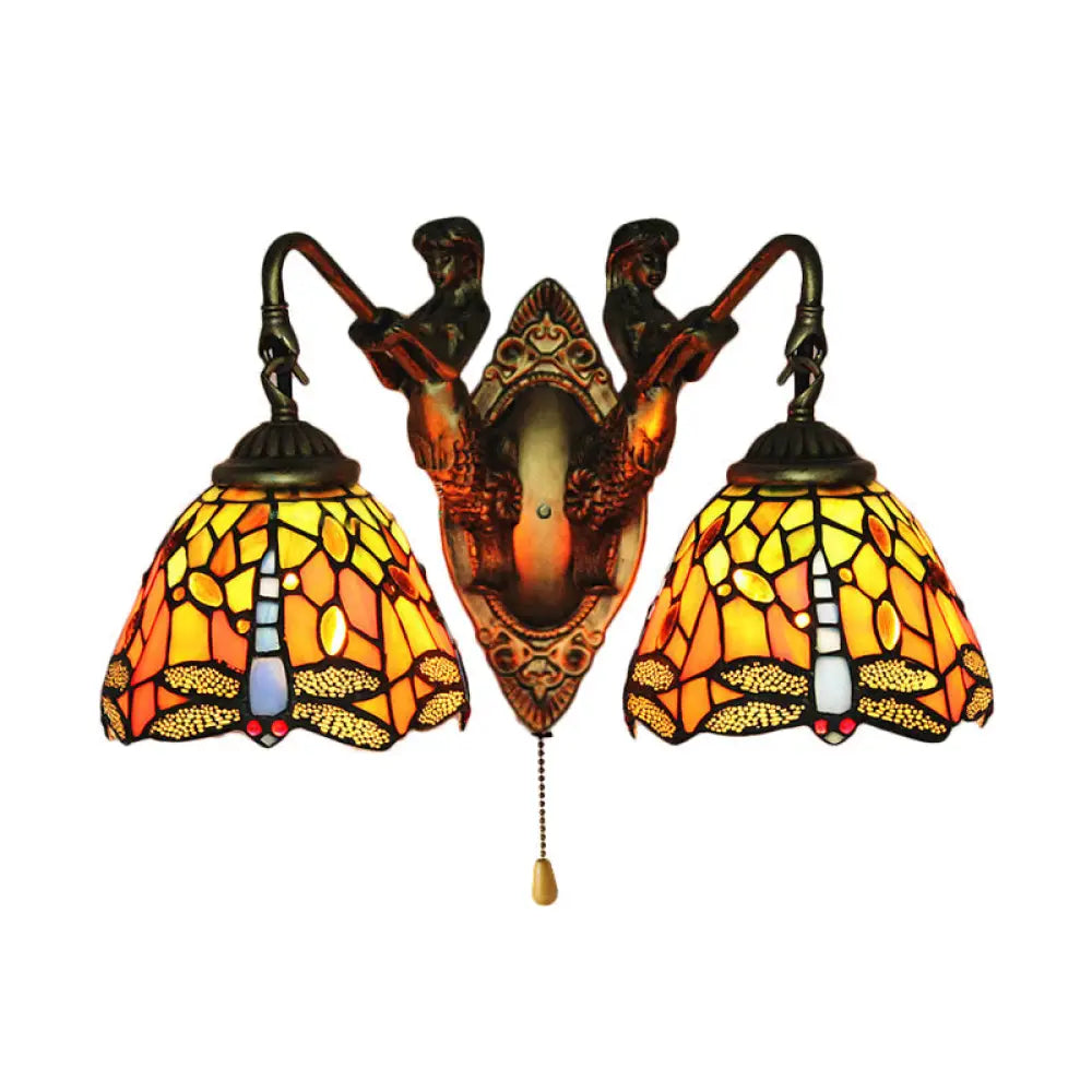 Baroque Dragonfly Wall Light With 2 Orange Glass Sconces - Optional Switch /