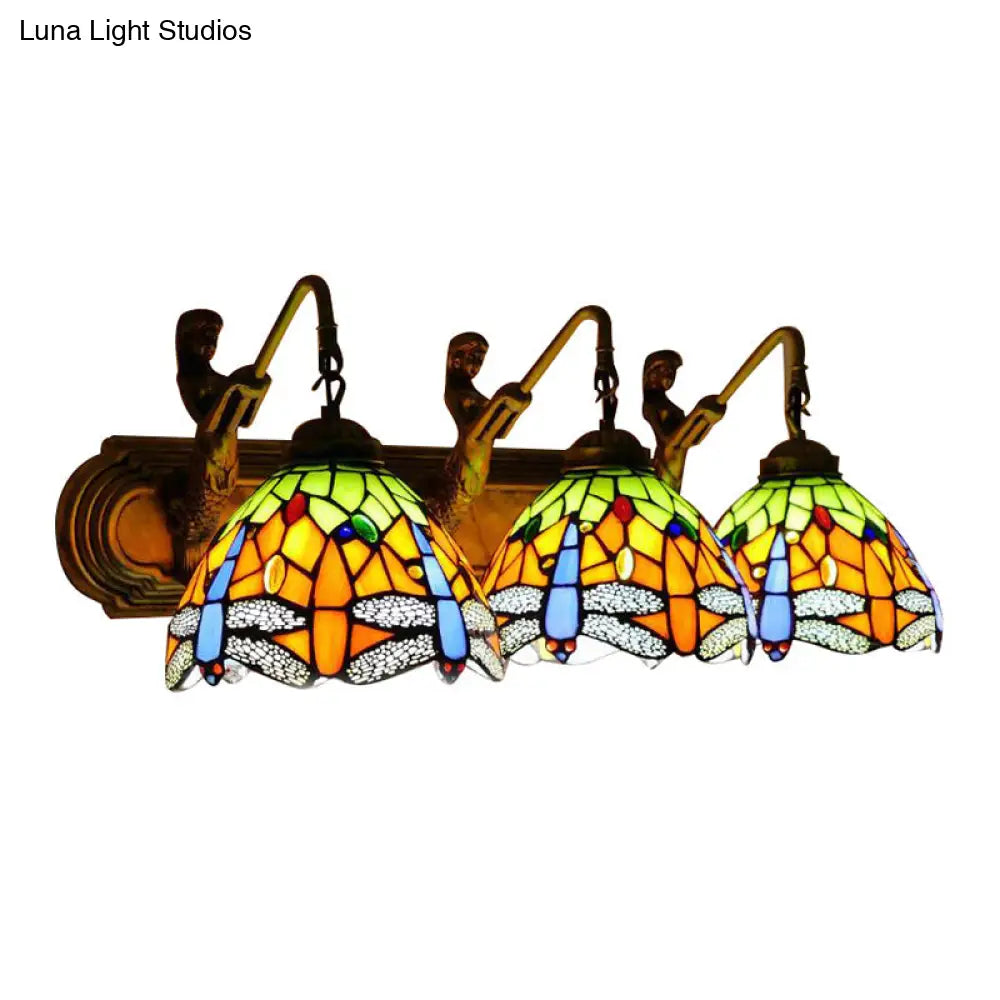 Baroque Dragonfly Wall Mount Sconce With 3 Orange Glass Heads - Bedroom Lighting