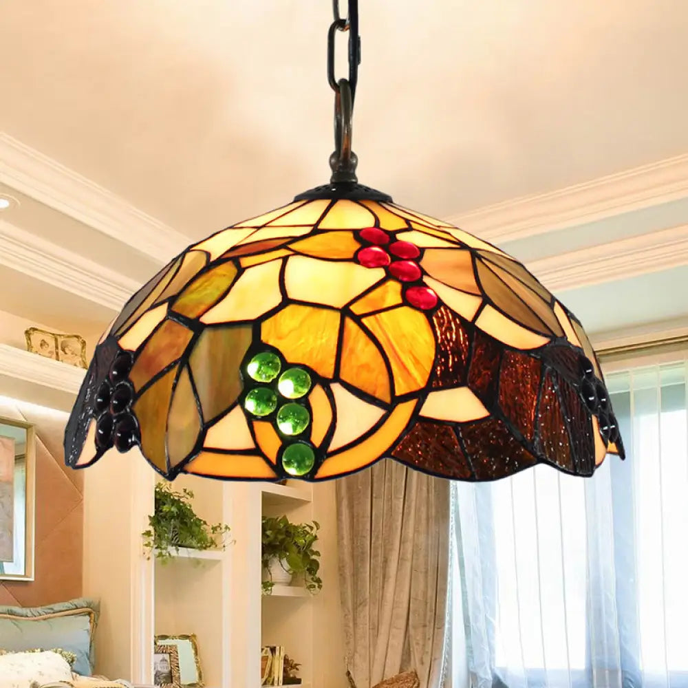 Baroque Glass Bowl Pendant Light With Grape Pattern - Brown Hand-Cut 1 Bulb Ceiling Hanging