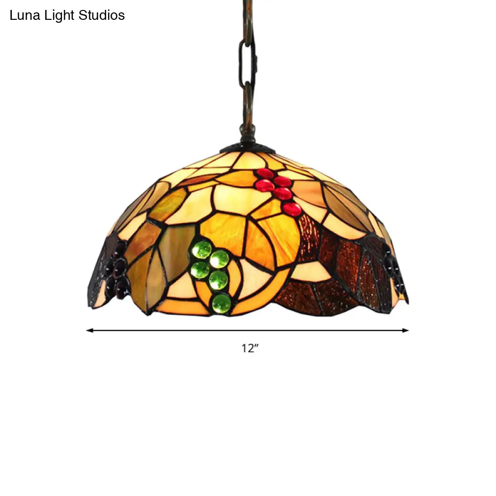 Baroque Glass Bowl Pendant Light With Grape Pattern - Brown Hand-Cut 1 Bulb Ceiling Hanging