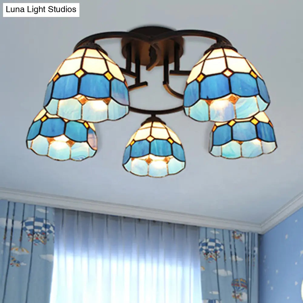 Baroque Glass Grid Pattern Semi Flush Light Fixture - 5 Lights Blue/Light Blue Black Ceiling Mount