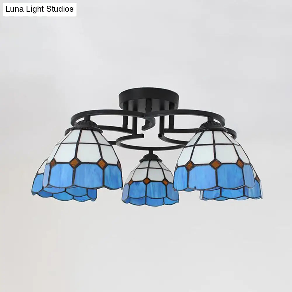 Baroque Glass Grid Pattern Semi Flush Light Fixture - 5 Lights Blue/Light Blue Black Ceiling Mount