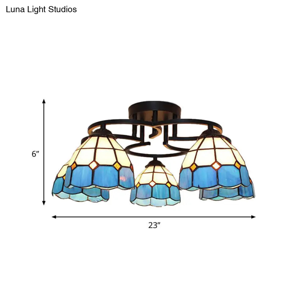 Baroque Glass Grid Pattern Semi Flush Light Fixture - 5 Lights Blue/Light Blue Black Ceiling Mount