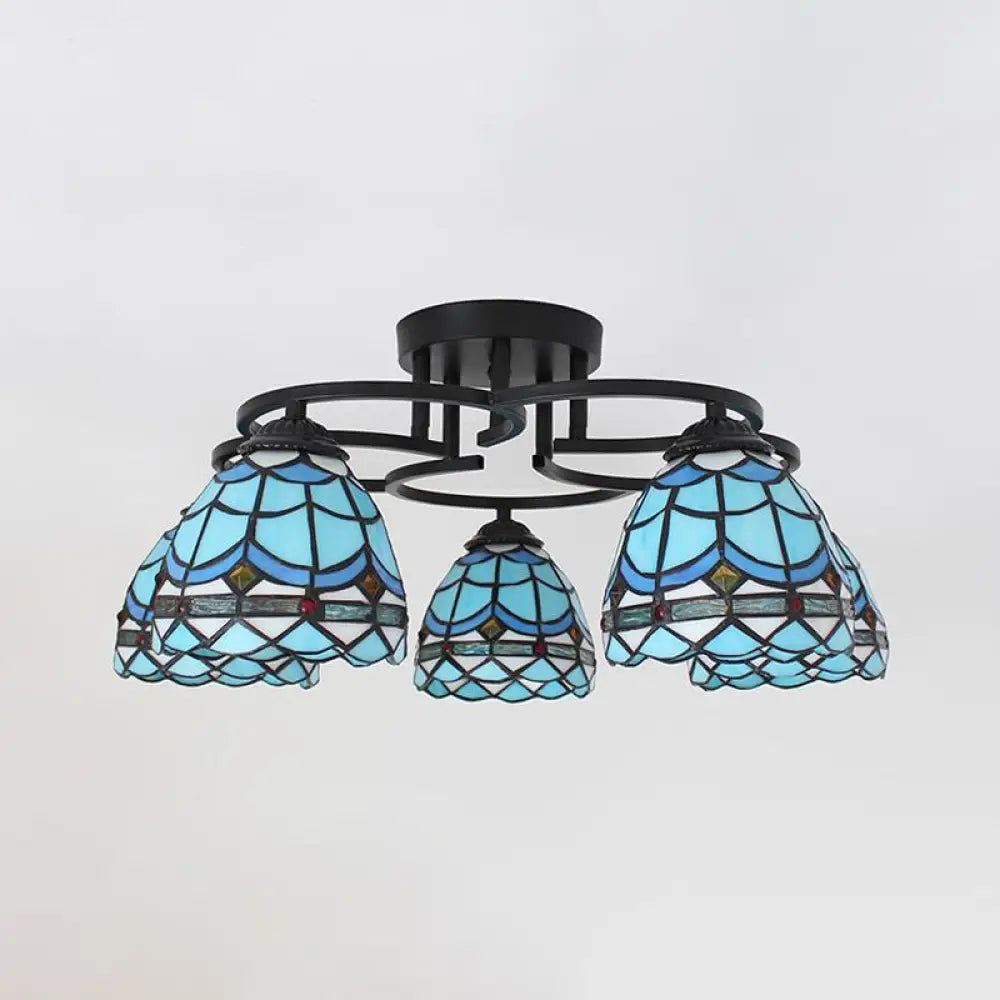 Baroque Glass Grid Pattern Semi Flush Light Fixture - 5 Lights Blue/Light Blue Black Ceiling Mount