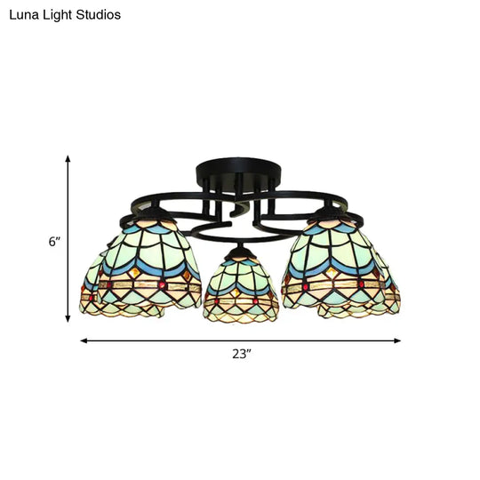 Baroque Glass Grid Pattern Semi Flush Light Fixture - 5 Lights Blue/Light Blue Black Ceiling Mount