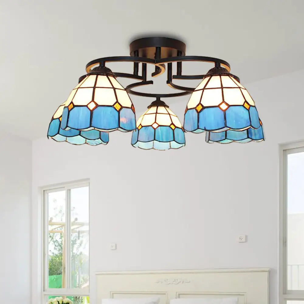 Baroque Glass Grid Pattern Semi Flush Light Fixture - 5 Lights Blue/Light Blue Black Ceiling Mount
