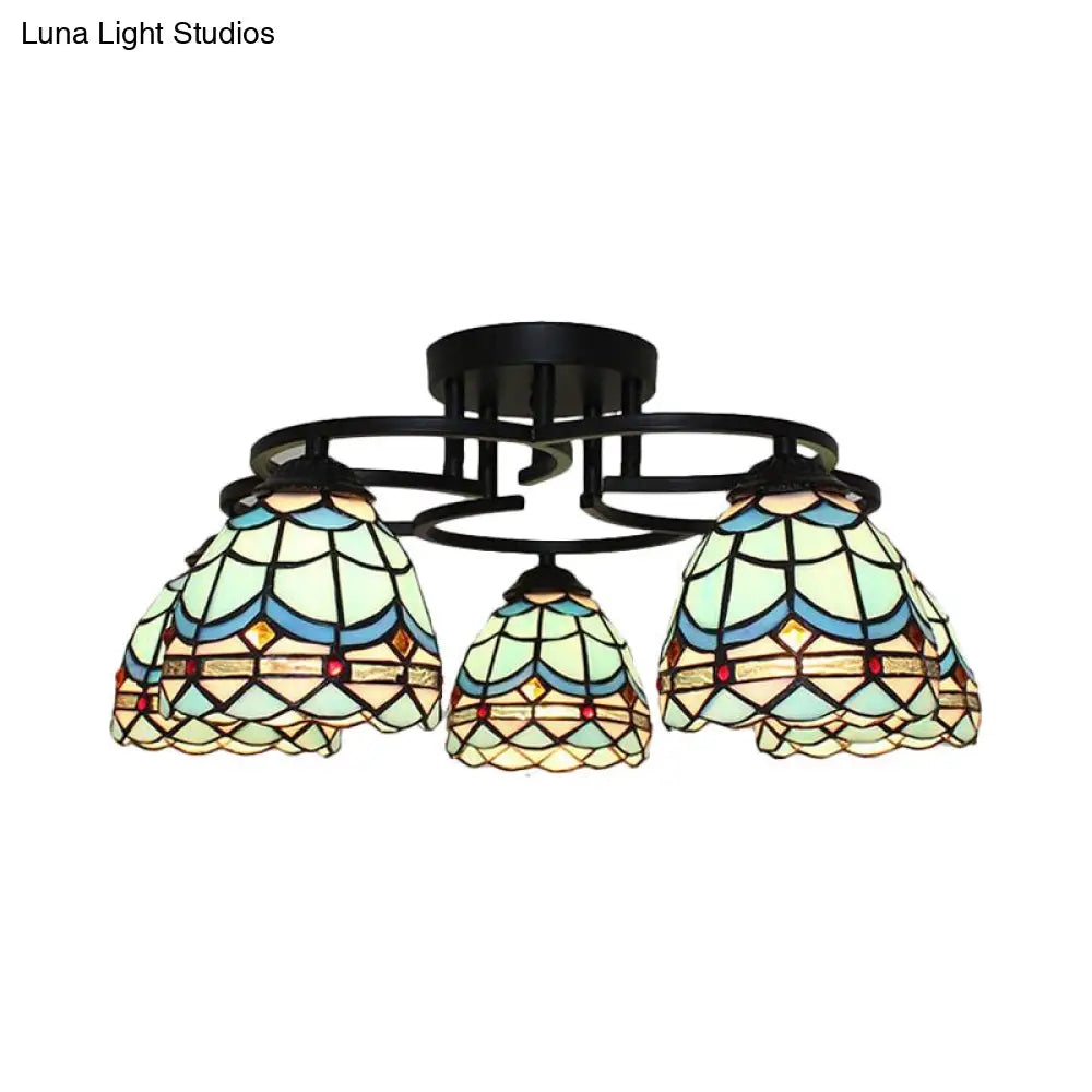 Baroque Glass Grid Pattern Semi Flush Light Fixture - 5 Lights Blue/Light Blue Black Ceiling Mount