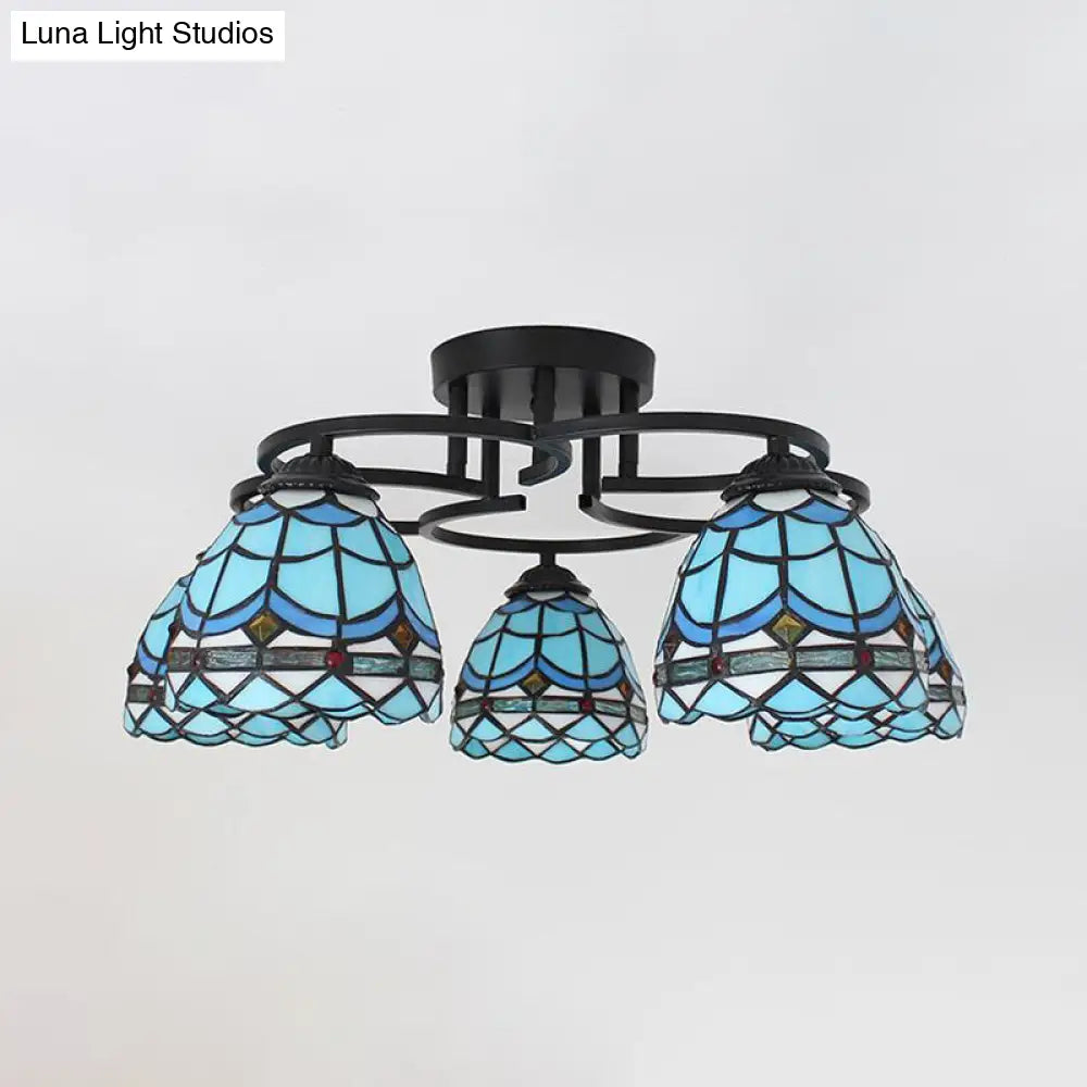 Baroque Glass Grid Pattern Semi Flush Light Fixture - 5 Lights Blue/Light Blue Black Ceiling Mount