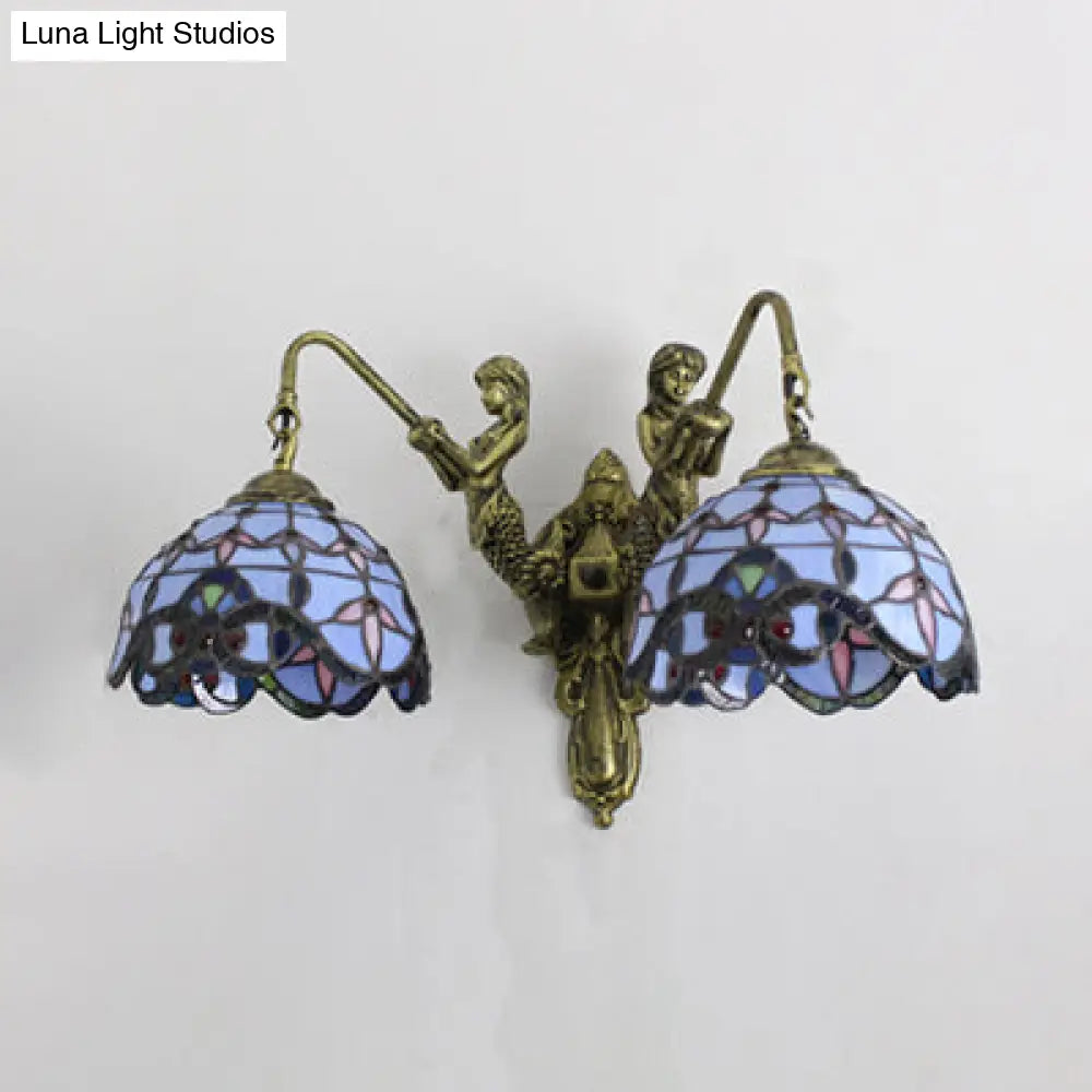 Baroque Glass Sconce Light With Mermaid Decor - 2 Head Wall Fixture In White/Blue/Purple