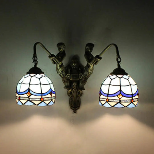 Baroque Glass Sconce Light With Mermaid Decor - 2 Head Wall Fixture In White/Blue/Purple Blue