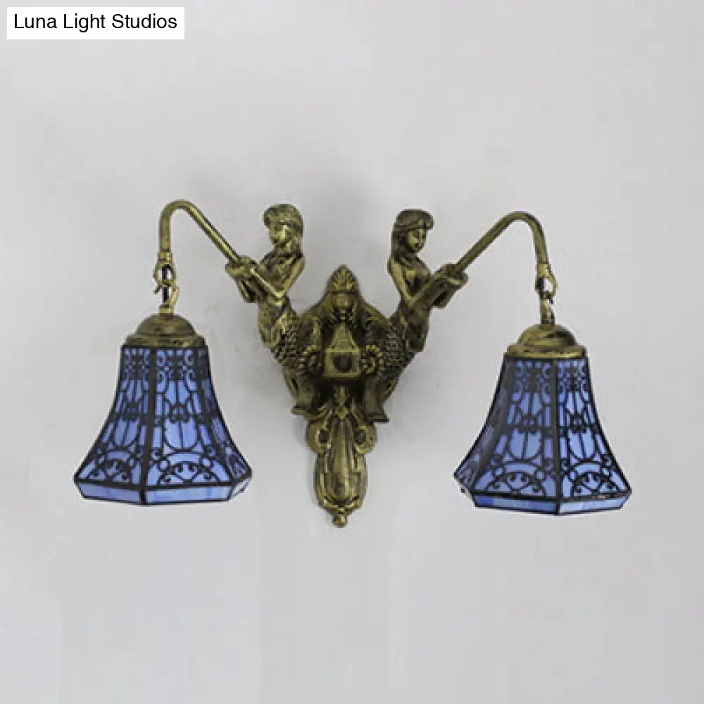 Baroque Glass Sconce Light With Mermaid Decor - 2 Head Wall Fixture In White/Blue/Purple