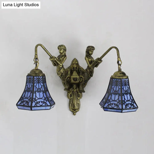 Baroque Glass Sconce Light With Mermaid Decor - 2 Head Wall Fixture In White/Blue/Purple