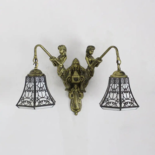 Baroque Glass Sconce Light With Mermaid Decor - 2 Head Wall Fixture In White/Blue/Purple White