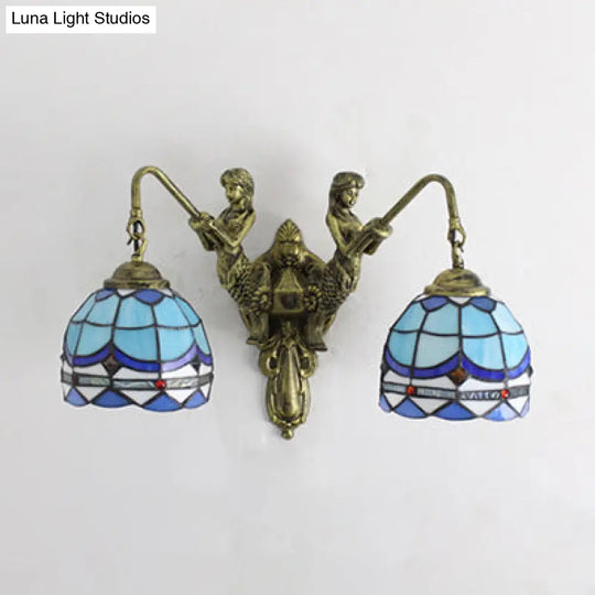 Baroque Glass Sconce Light With Mermaid Decor - 2 Head Wall Fixture In White/Blue/Purple