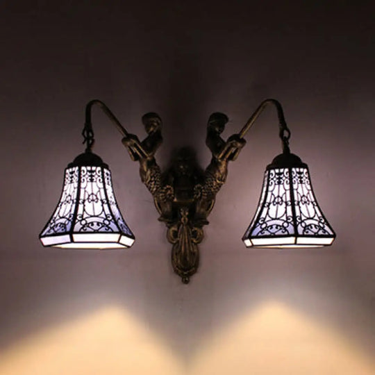 Baroque Glass Sconce Light With Mermaid Decor - 2 Head Wall Fixture In White/Blue/Purple Lake Blue