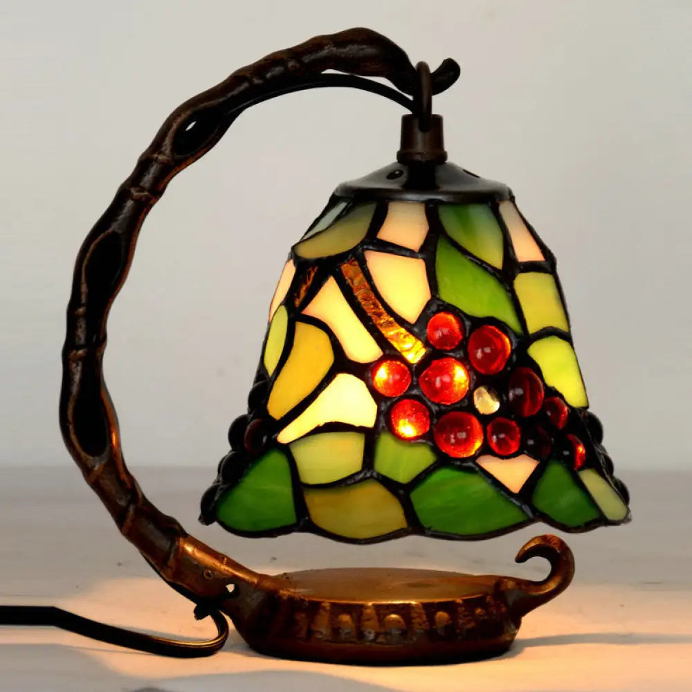 Baroque Green Bell Stained Art Glass Table Light: Elegant 1 Bulb Night Lamp With Grape Pattern