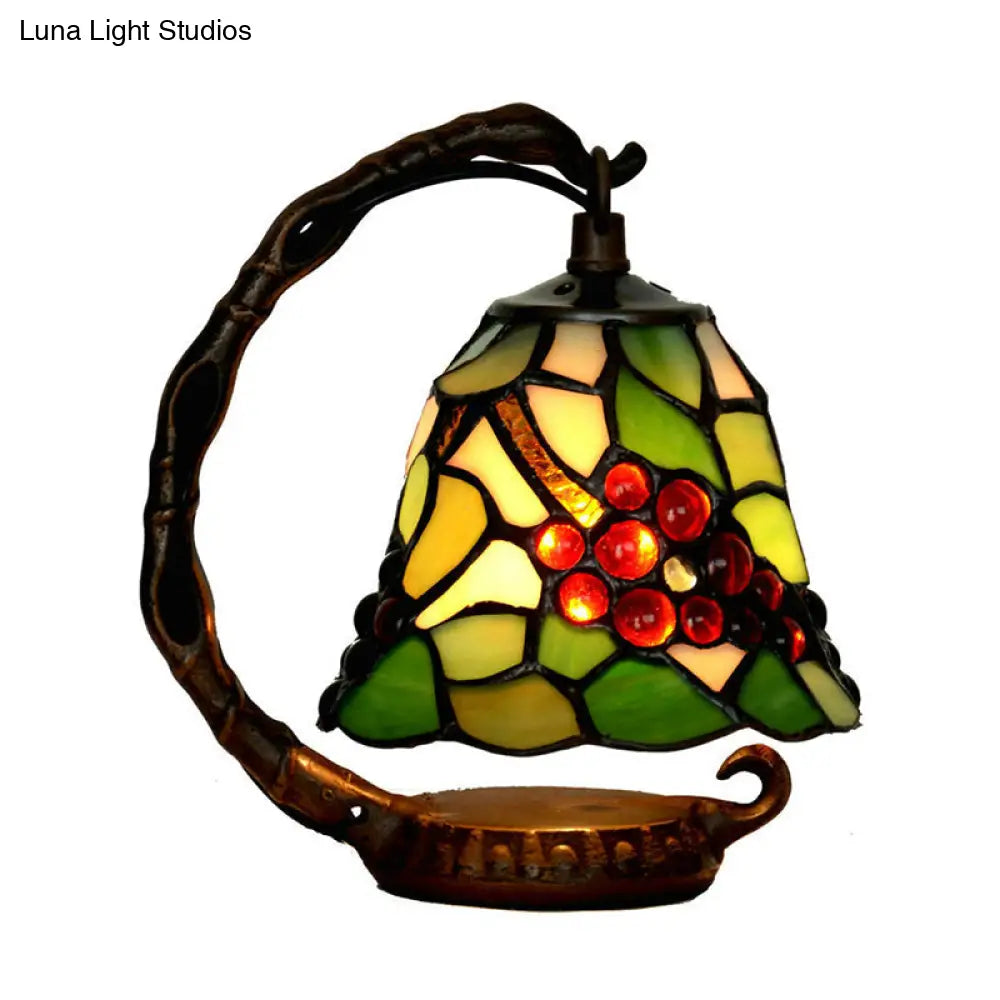 Baroque Green Bell Stained Art Glass Table Light: Elegant 1 Bulb Night Lamp With Grape Pattern