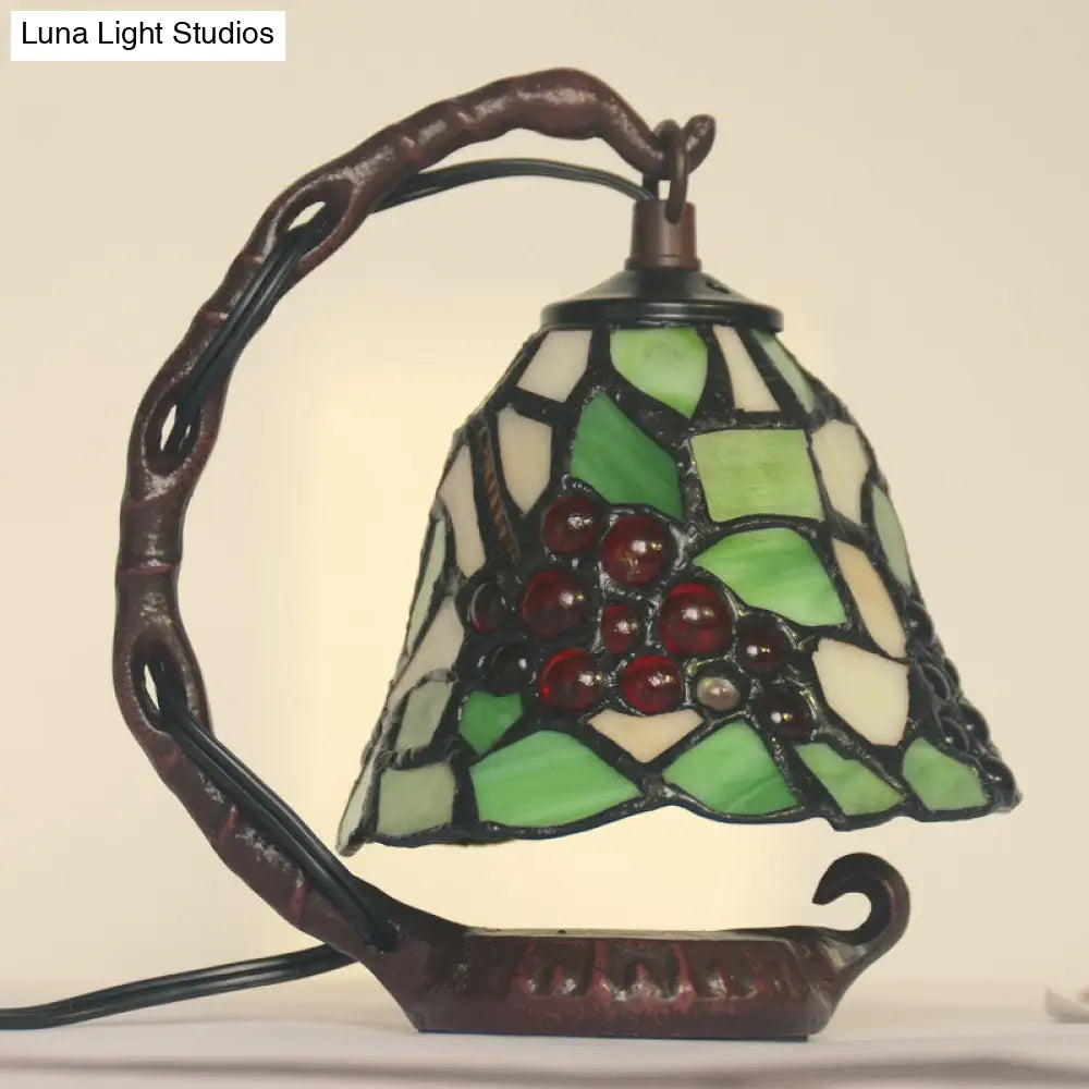 Baroque Green Bell Stained Art Glass Table Light: Elegant 1 Bulb Night Lamp With Grape Pattern