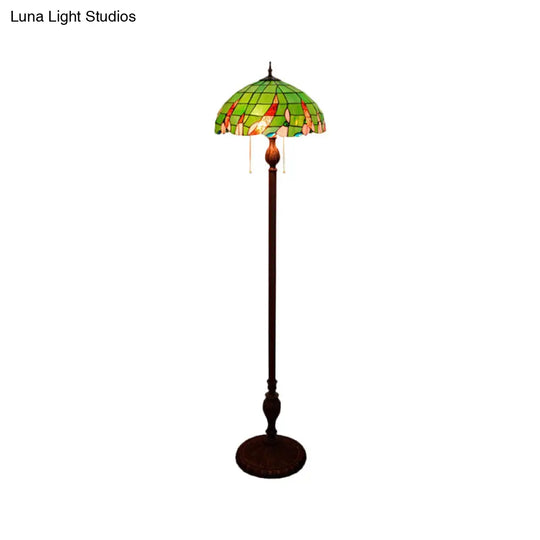 Baroque Green Pull Chain Standing Lamp With Stained Glass Shade - 3-Bulb Living Room Floor Light