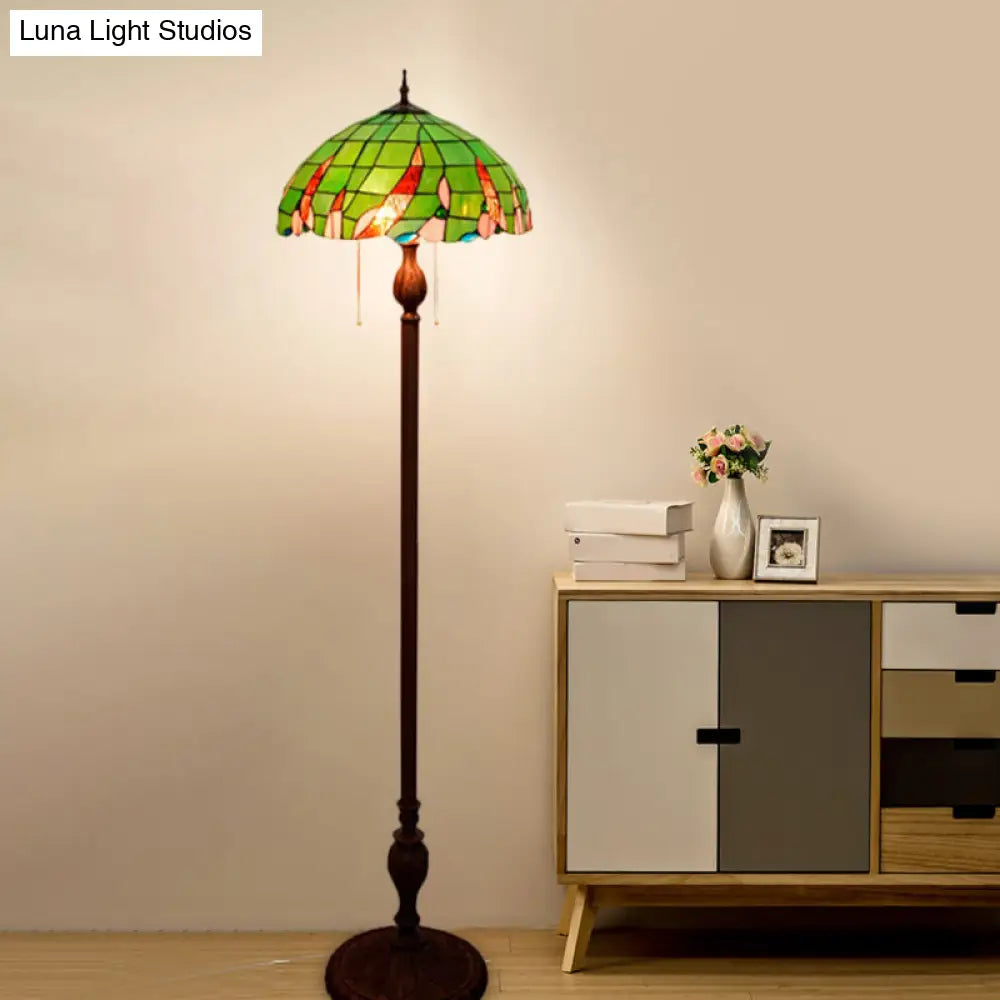 Baroque Green Pull Chain Standing Lamp With Stained Glass Shade - 3-Bulb Living Room Floor Light