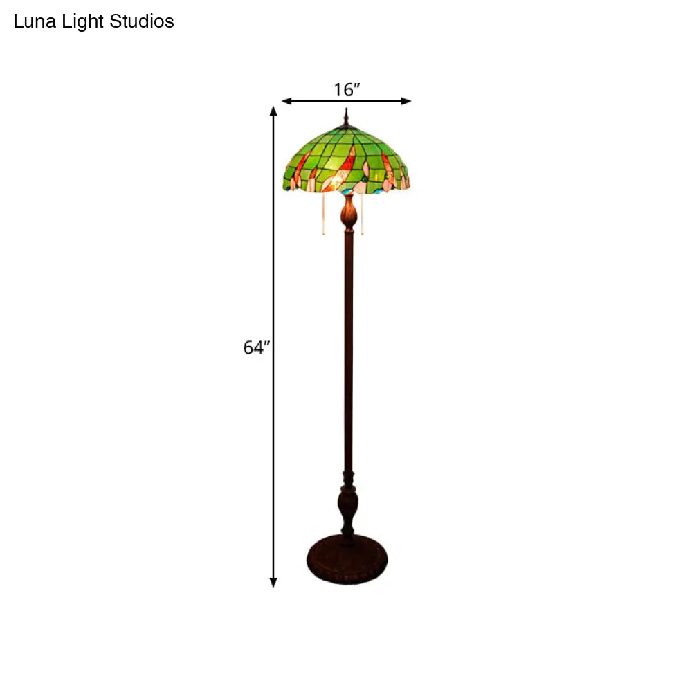 Baroque Green Pull Chain Standing Lamp With Stained Glass Shade - 3-Bulb Living Room Floor Light