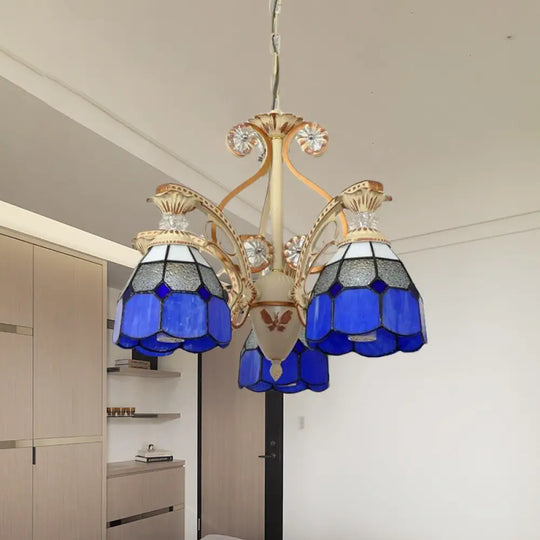 Baroque Grid Cut Glass Pendant Chandelier - 3/5 Lights In Orange/Blue Curved Arm 19’/19.5 Blue / 19’