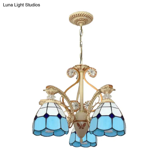 19/19.5 Orange/Blue Cut Glass Pendant Chandelier Dome - Baroque Grid Patterned Ceiling Lamp