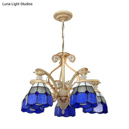 Baroque Grid Cut Glass Pendant Chandelier - 3/5 Lights In Orange/Blue Curved Arm 19’/19.5