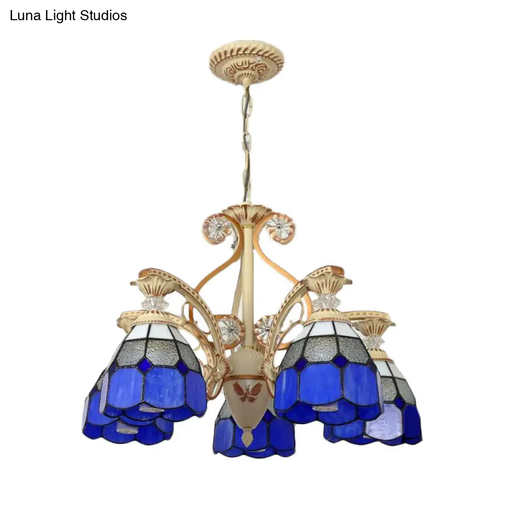 19/19.5 Orange/Blue Cut Glass Pendant Chandelier Dome - Baroque Grid Patterned Ceiling Lamp