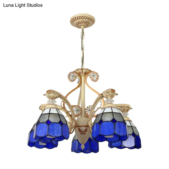 19/19.5 Orange/Blue Cut Glass Pendant Chandelier Dome - Baroque Grid Patterned Ceiling Lamp