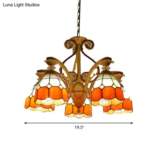 Baroque Grid Cut Glass Pendant Chandelier - 3/5 Lights In Orange/Blue Curved Arm 19’/19.5