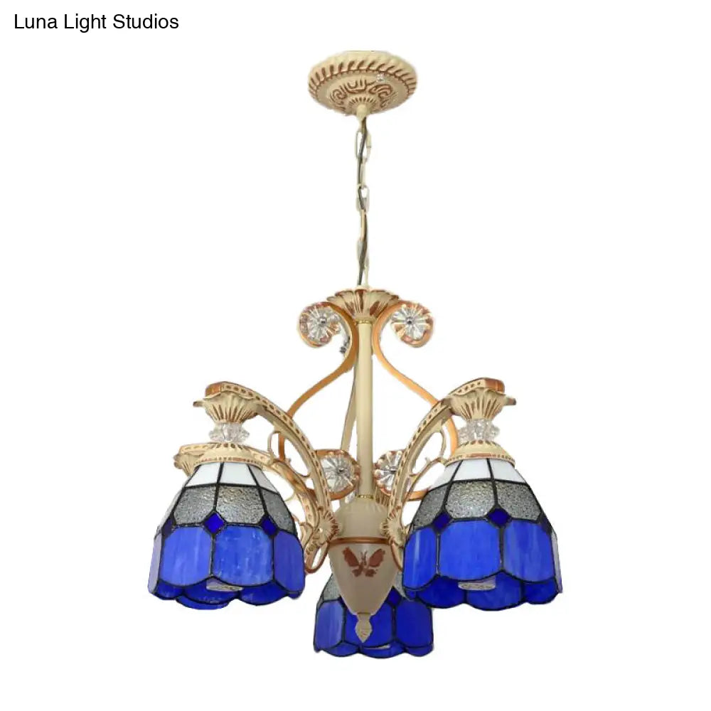 19/19.5 Orange/Blue Cut Glass Pendant Chandelier Dome - Baroque Grid Patterned Ceiling Lamp