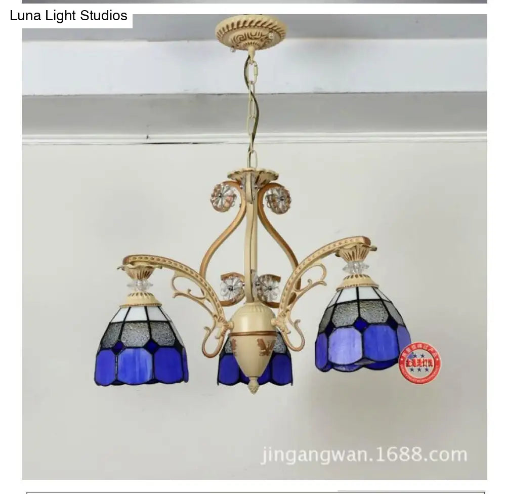 19/19.5 Orange/Blue Cut Glass Pendant Chandelier Dome - Baroque Grid Patterned Ceiling Lamp Dark