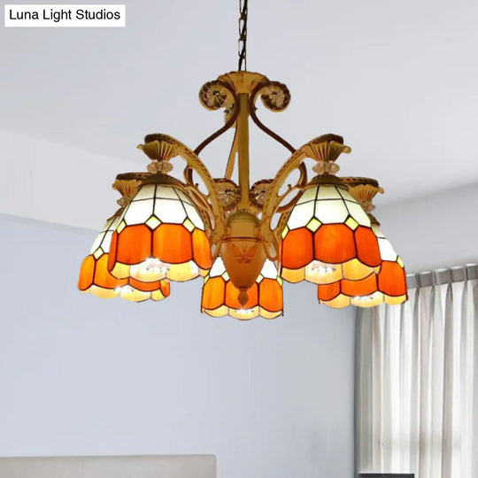 19/19.5 Orange/Blue Cut Glass Pendant Chandelier Dome - Baroque Grid Patterned Ceiling Lamp