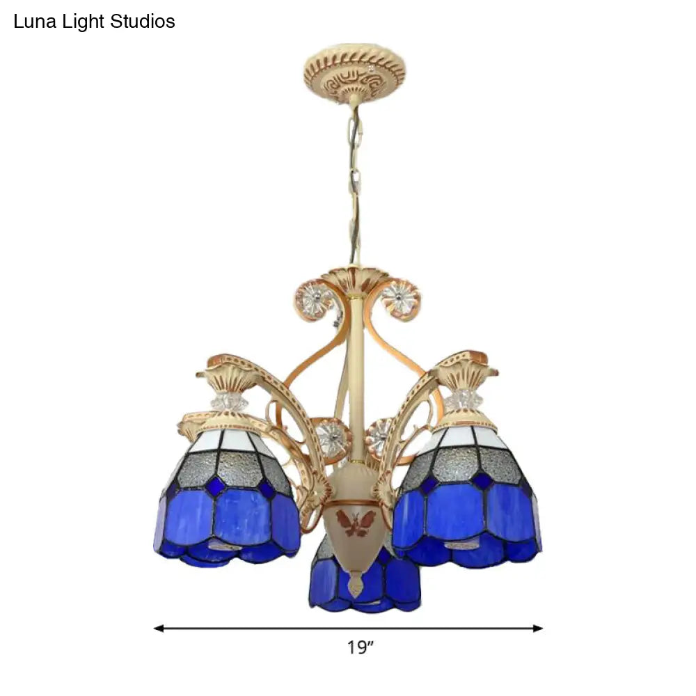 19/19.5 Orange/Blue Cut Glass Pendant Chandelier Dome - Baroque Grid Patterned Ceiling Lamp