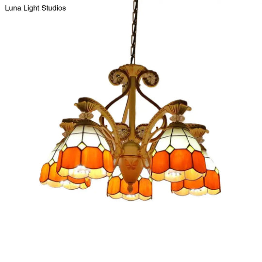 Baroque Grid Cut Glass Pendant Chandelier - 3/5 Lights In Orange/Blue Curved Arm 19’/19.5