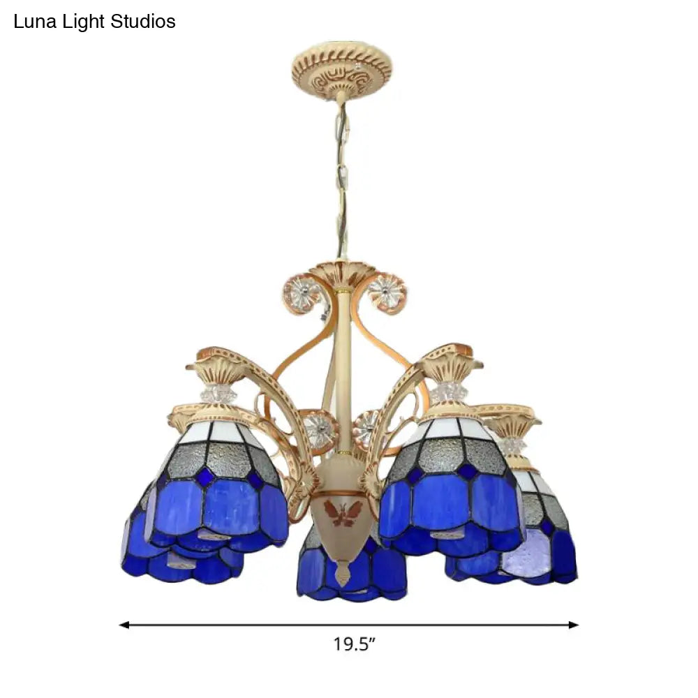 Baroque Grid Cut Glass Pendant Chandelier - 3/5 Lights In Orange/Blue Curved Arm 19’/19.5