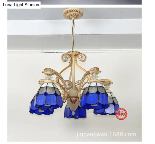 19/19.5 Orange/Blue Cut Glass Pendant Chandelier Dome - Baroque Grid Patterned Ceiling Lamp Dark