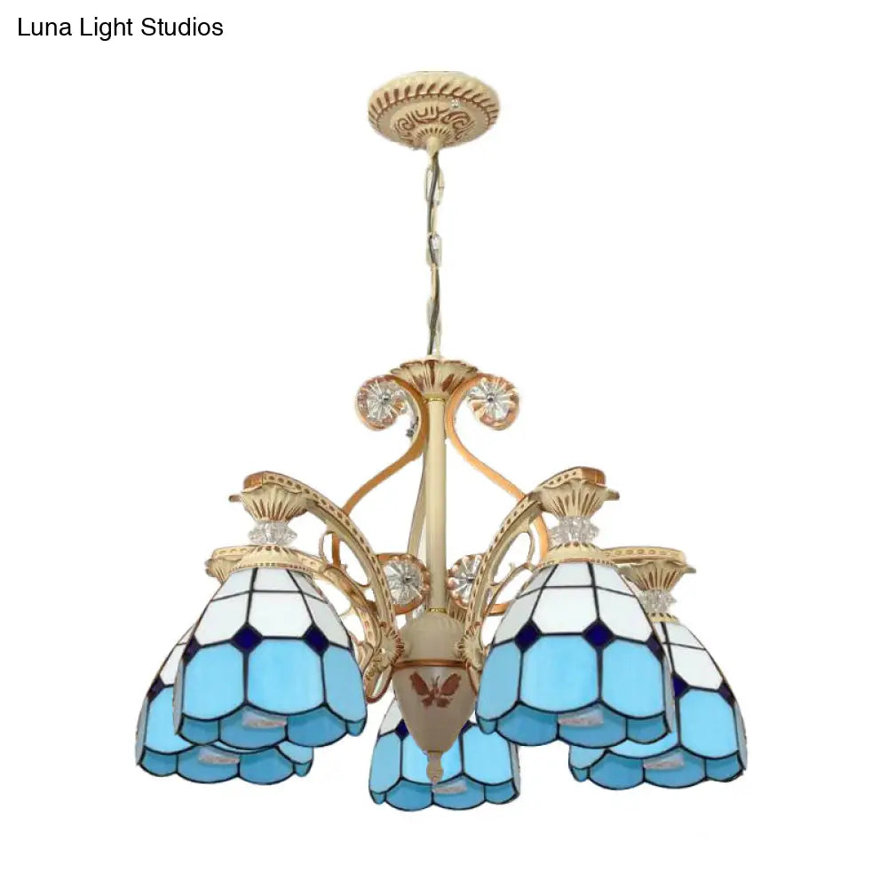 Baroque Grid Cut Glass Pendant Chandelier - 3/5 Lights In Orange/Blue Curved Arm 19’/19.5