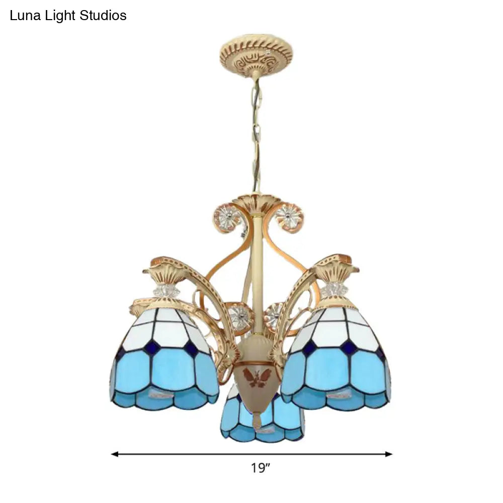 19/19.5 Orange/Blue Cut Glass Pendant Chandelier Dome - Baroque Grid Patterned Ceiling Lamp