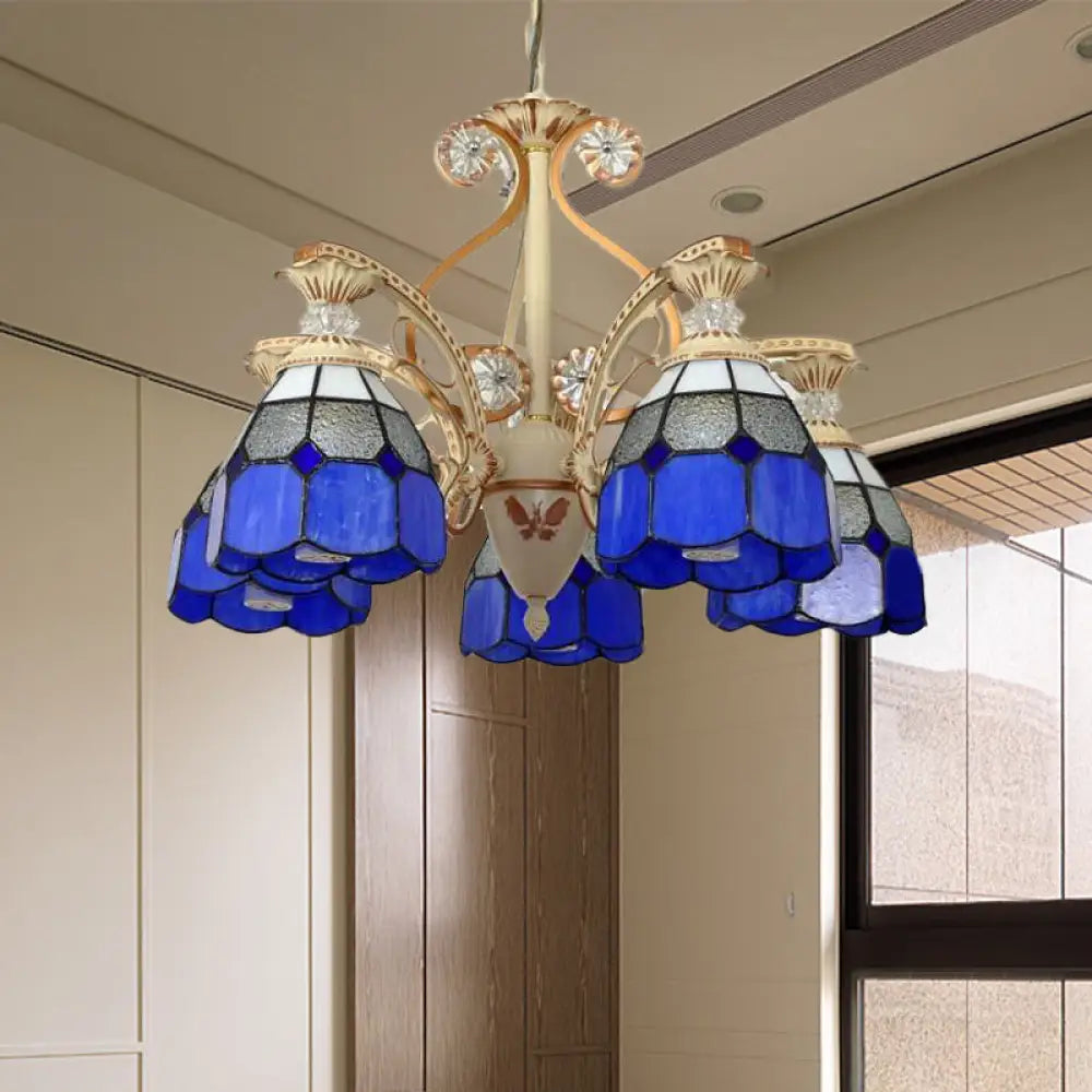 Baroque Grid Cut Glass Pendant Chandelier - 3/5 Lights In Orange/Blue Curved Arm 19’/19.5 Blue /