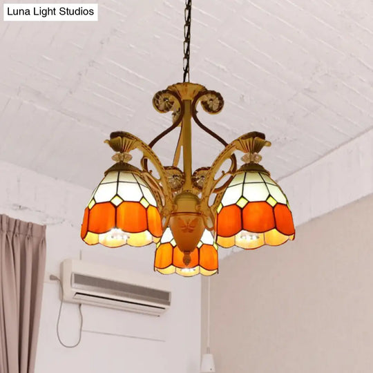 19/19.5 Orange/Blue Cut Glass Pendant Chandelier Dome - Baroque Grid Patterned Ceiling Lamp Orange /