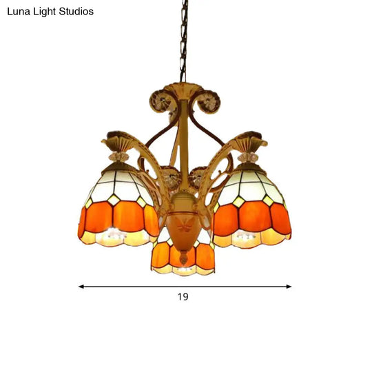 19/19.5 Orange/Blue Cut Glass Pendant Chandelier Dome - Baroque Grid Patterned Ceiling Lamp