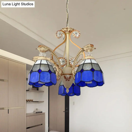 19/19.5 Orange/Blue Cut Glass Pendant Chandelier Dome - Baroque Grid Patterned Ceiling Lamp Blue /