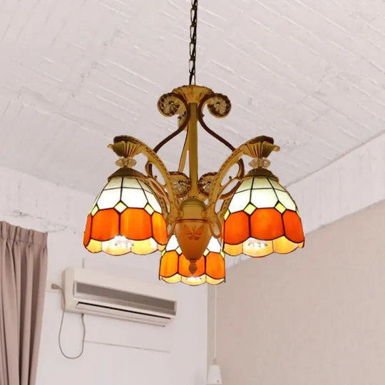 Baroque Grid Cut Glass Pendant Chandelier - 3/5 Lights In Orange/Blue Curved Arm 19’/19.5 Orange