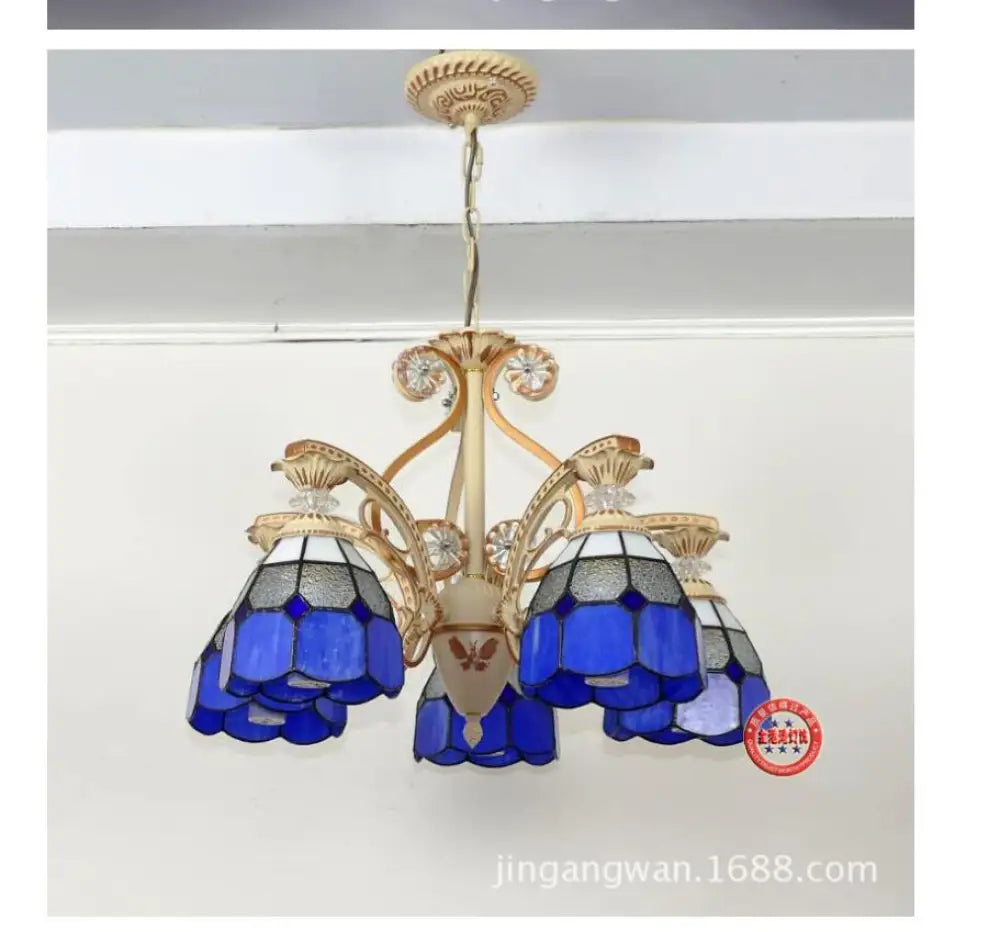 Baroque Grid Cut Glass Pendant Chandelier - 3/5 Lights In Orange/Blue Curved Arm 19’/19.5 Dark